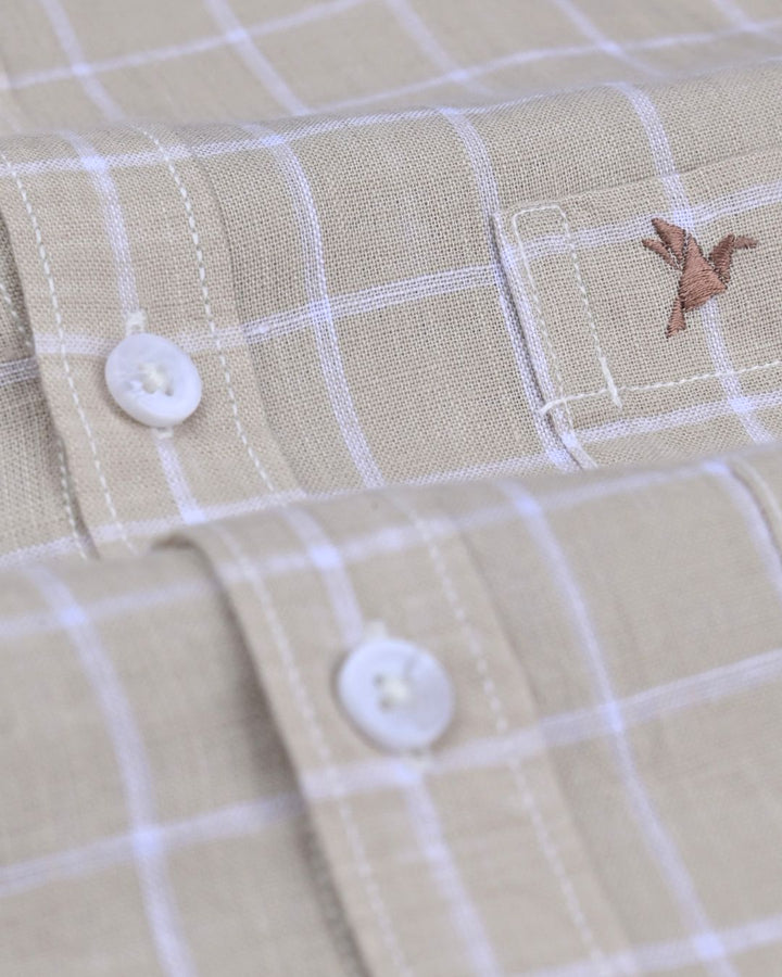 Sandal Cream & White Checks -Full-Cotton Linen Shirt