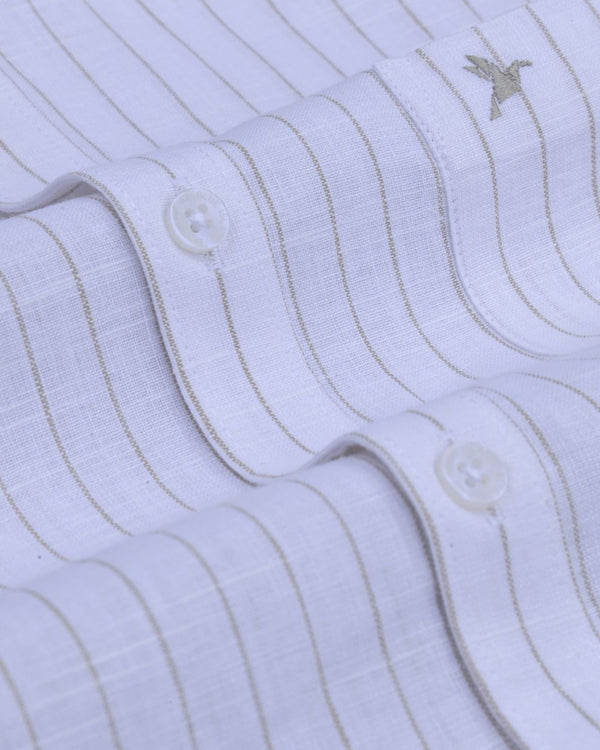 White & Khaki Line Stripes -Full-Bamboo Linen