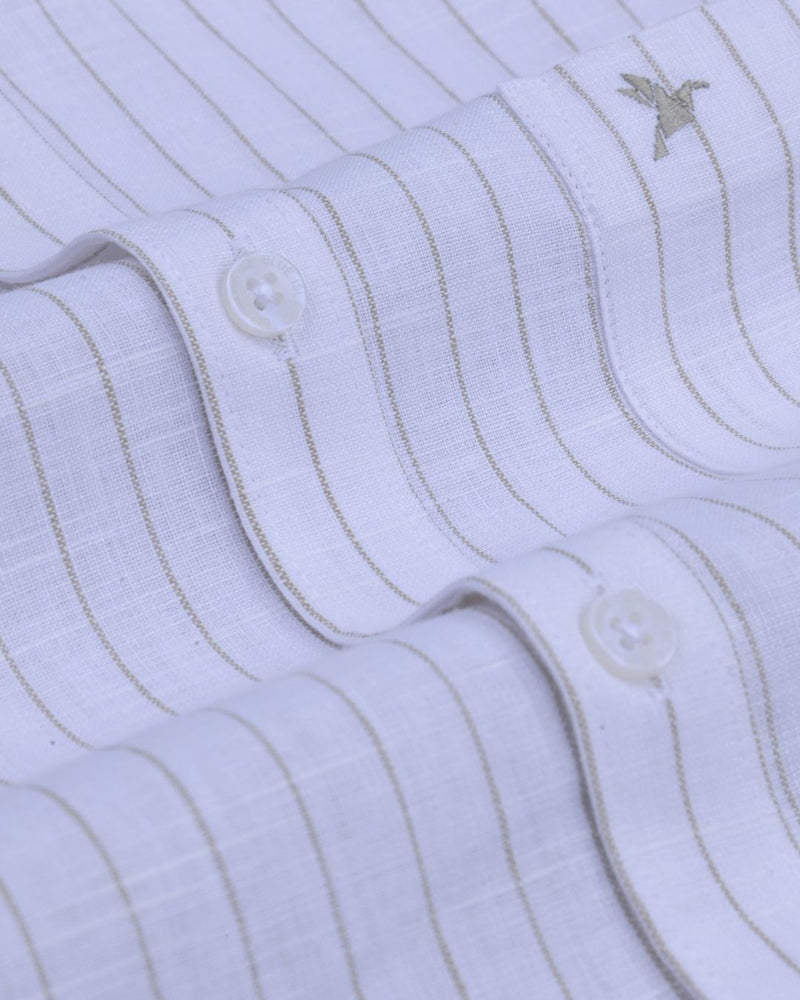 White & Khaki Line Stripes - Half Sleeve -Bamboo Linen