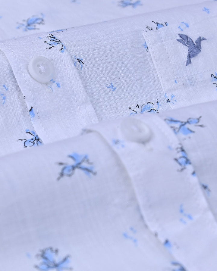 White Mosaic Print-Full-Cotton Linen Shirt