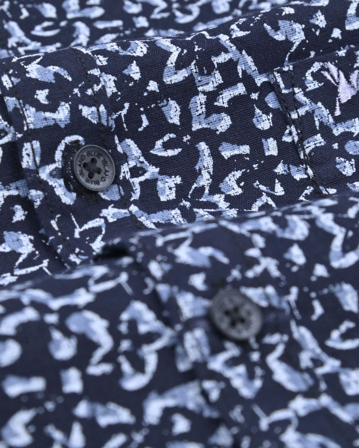 Navy Semi Star Print-Full-Cotton Linen Shirt