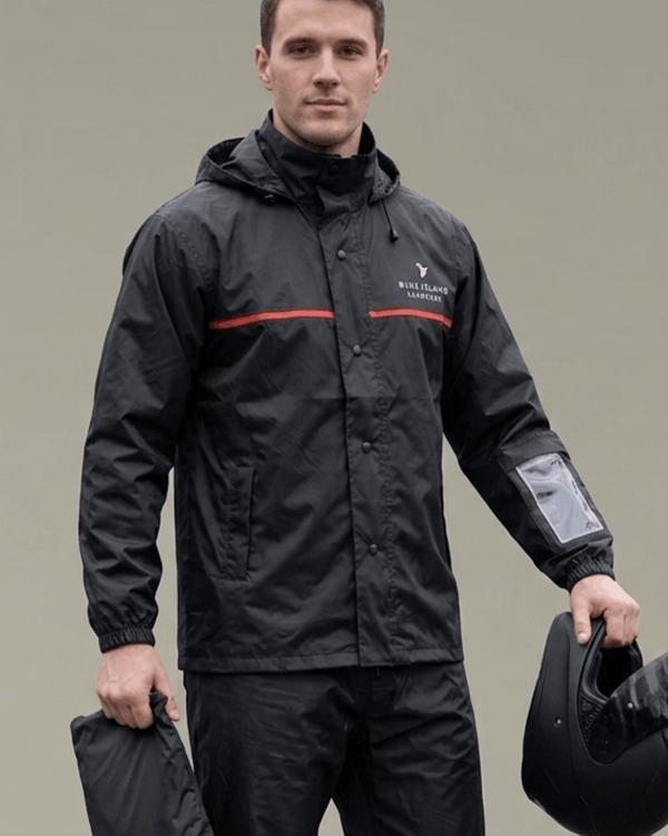 Black with Red Chest Pipe  - Rain Jacket with Pant and Mobile Pouch