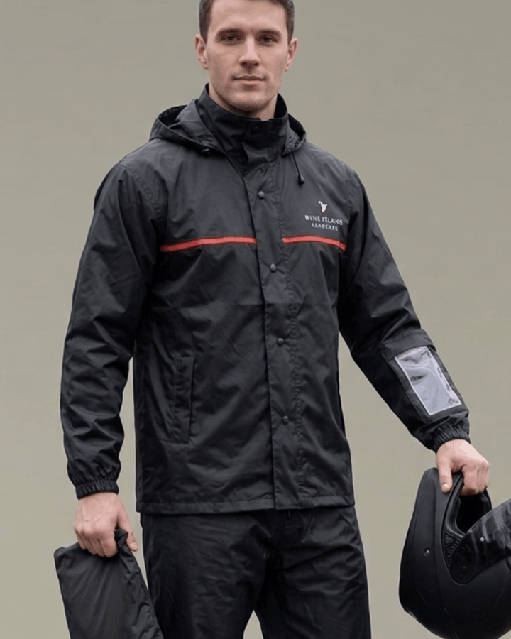 Black with Red Chest Pipe  - Rain Jacket with Pant and Mobile Pouch