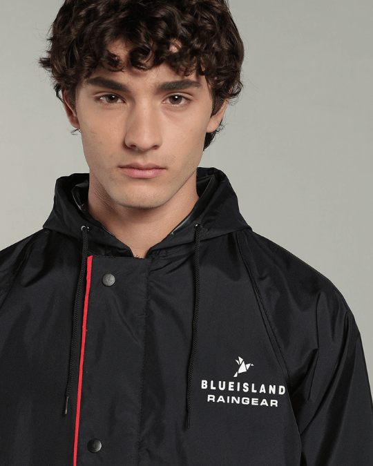 Matte Black with Red Border - Rain Jacket with Pant & Mobile Pouch