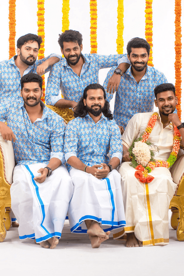 Blue Printed - Group Shirt and Matching Dhoti
