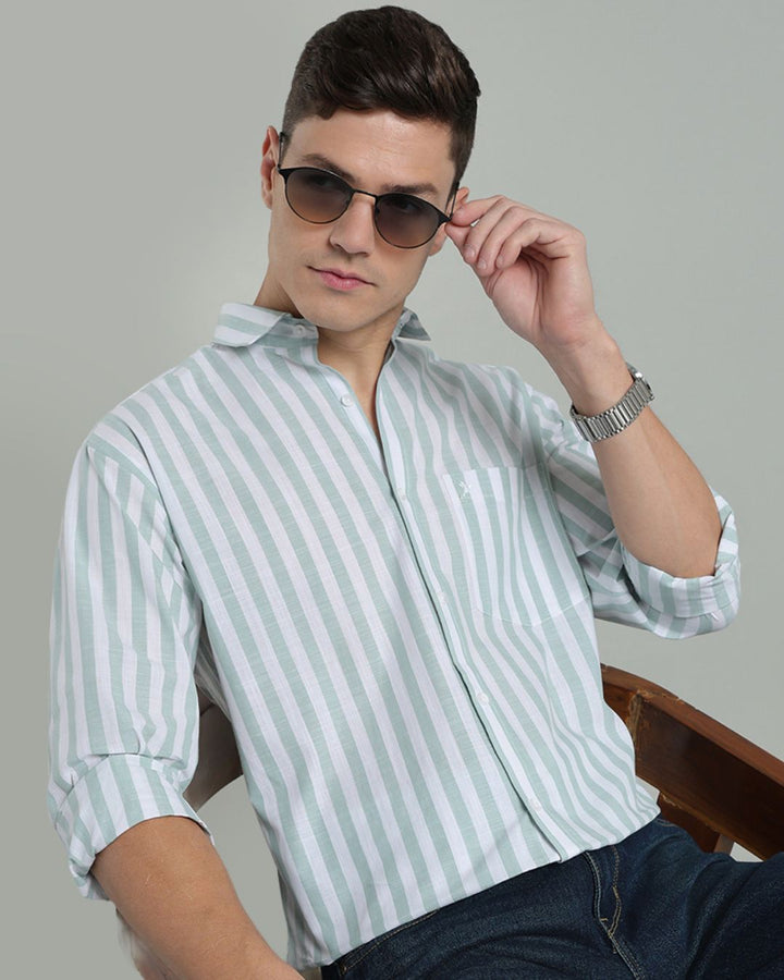 White & Green Bold Stripes -Full-Cotton Linen Shirt