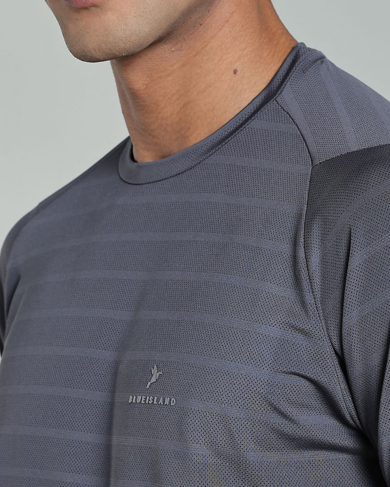 Ash Grey Horizontal Lines - Active wear Round neck Tshirt
