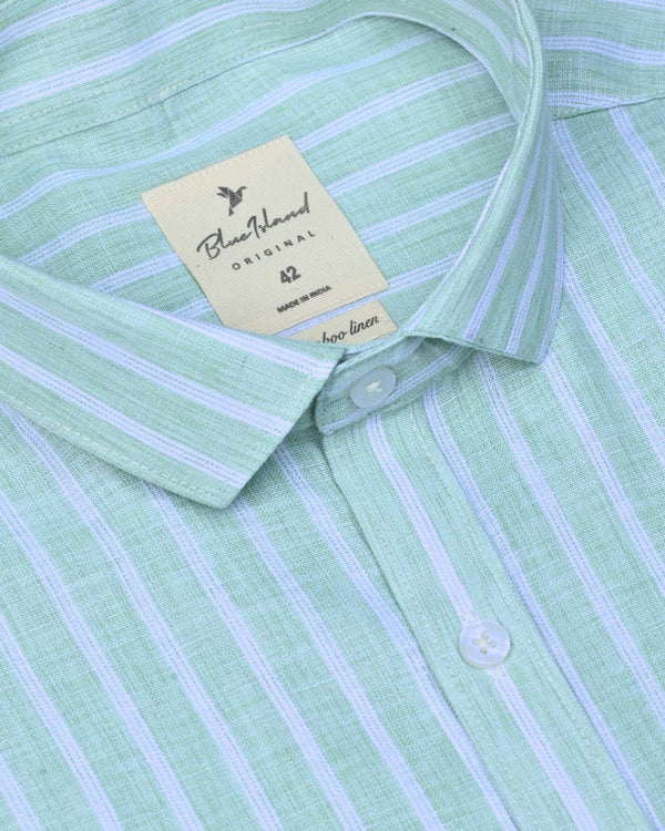 Green & White Grid Stripes -Half Sleeve-Bamboo Linen