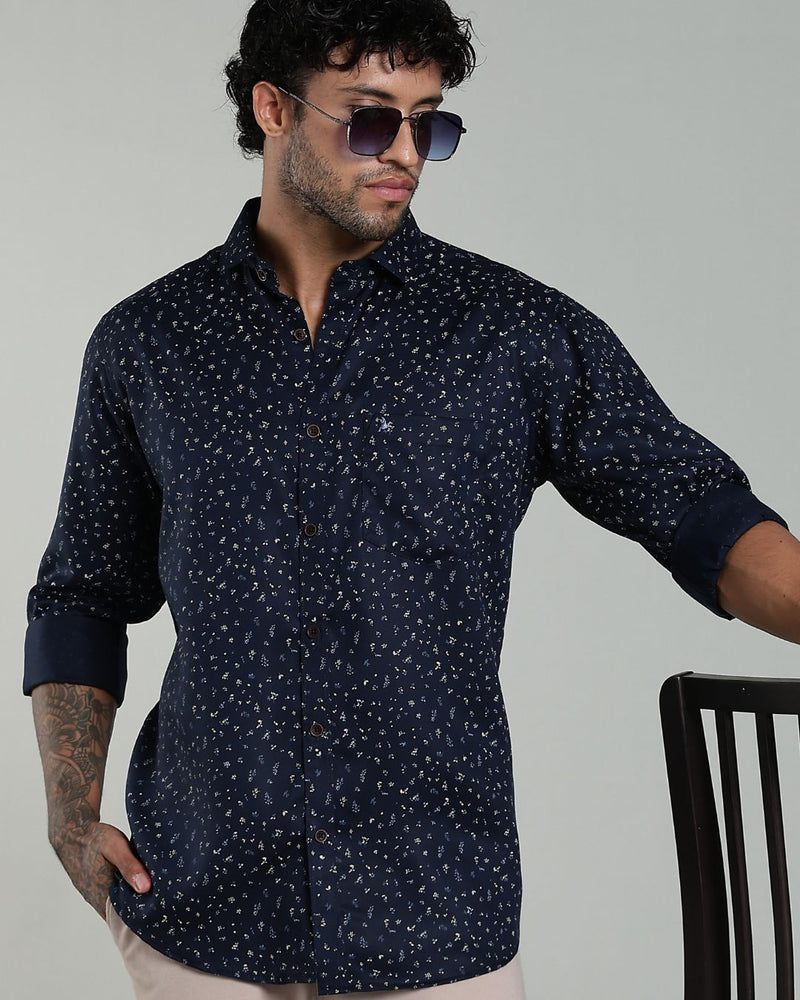Navy Leaf Print-Full-Stain Proof