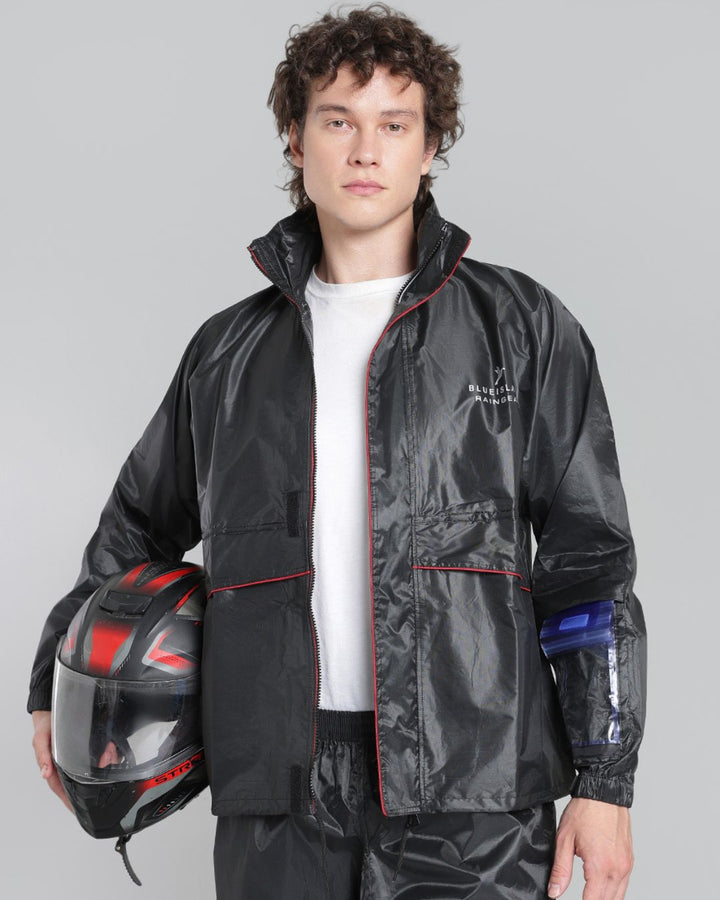 Black with Red Taping - Rain Jacket with Pant and Mobile Pouch