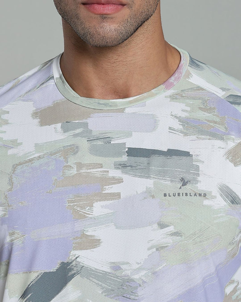 Mild Lavender & Lite Olive Splash - Active wear Round neck Tshirt