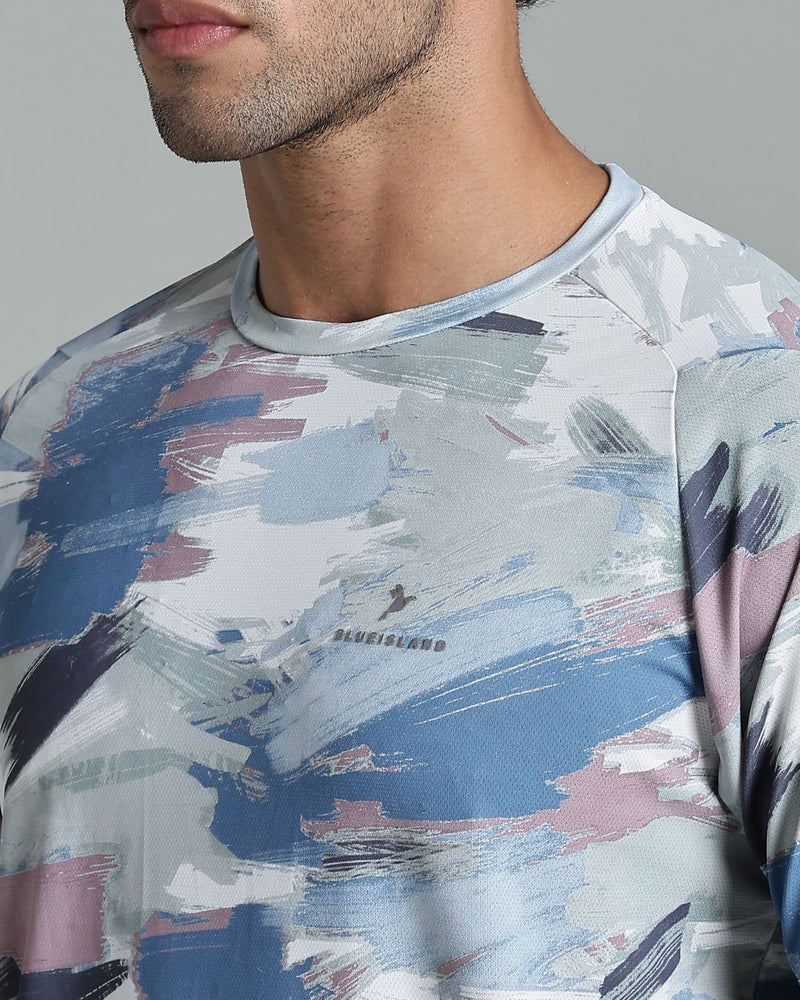Bluish Grey & Green Splash - Active wear Round neck Tshirt