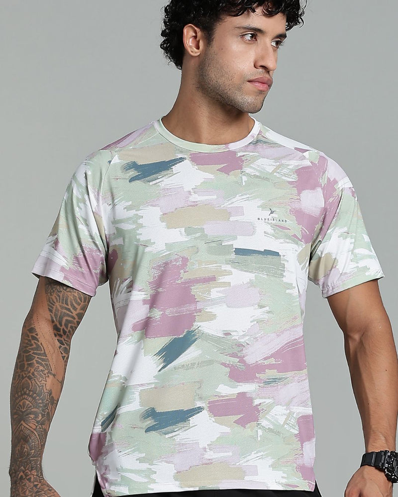 Pistah Green & Pink Splash - Active wear Round neck Tshirt