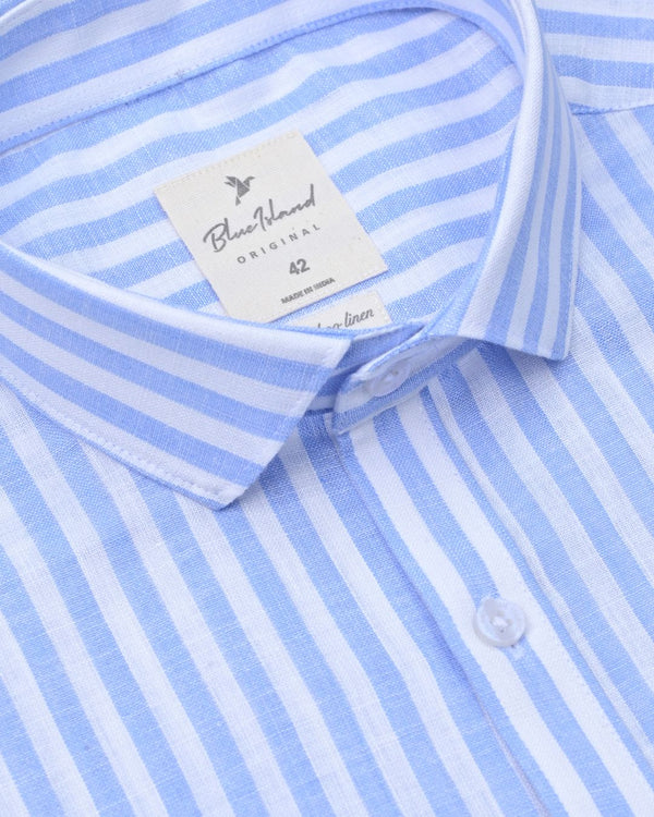 Blue and White Bars -Full-Bamboo Linen