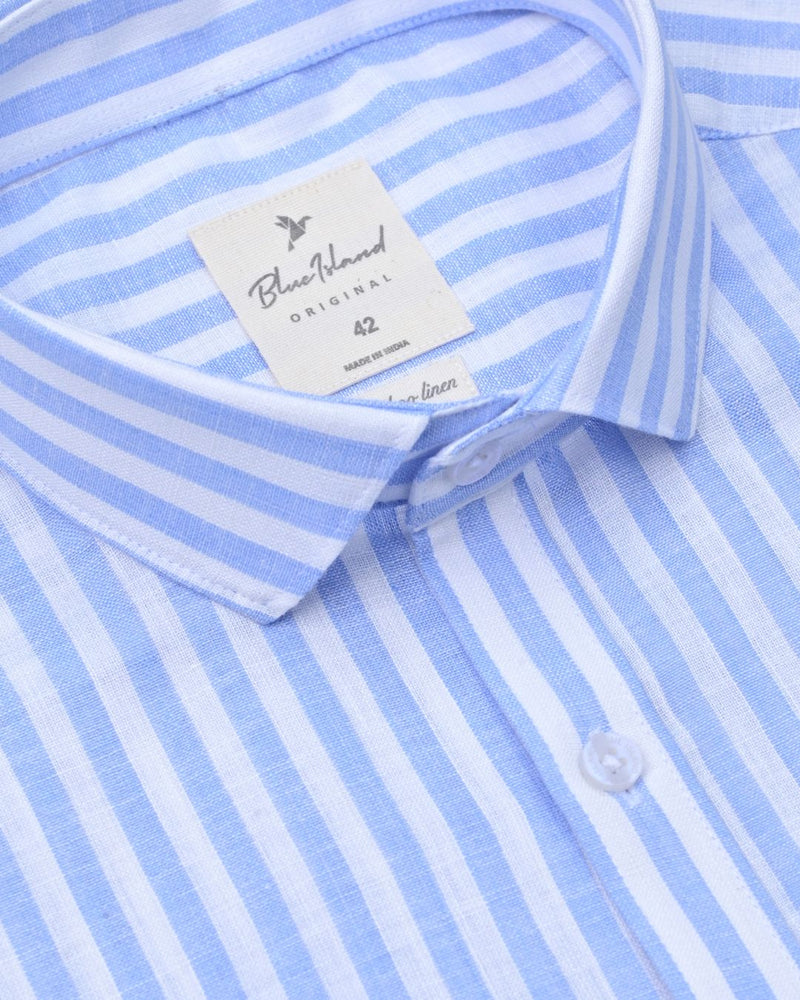 Blue and White Bars -Full-Bamboo Linen