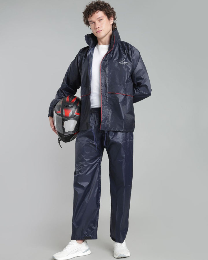 Navy with Red Taping - Rain Jacket with Pant and Mobile Pouch