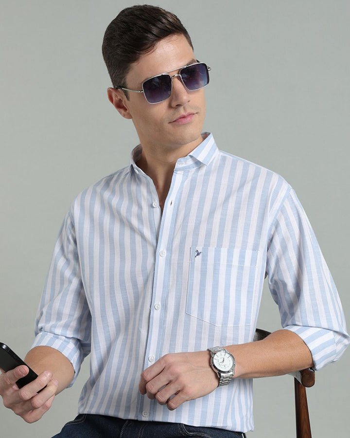 White & Blue Bold Stripes -Full-Cotton Linen Shirt