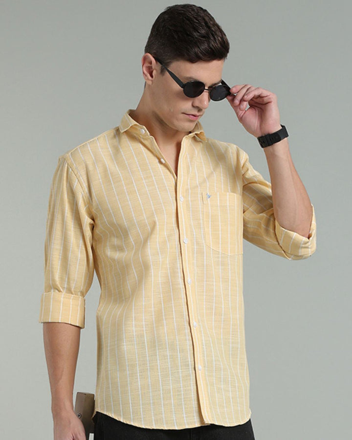 Bright Yellow & White Line Stripes -Full-Cotton Linen Shirt