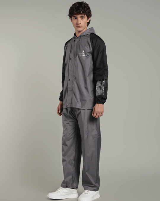 Grey with Black Sleeve - Rain Jacket with Pant & Mobile Pouch