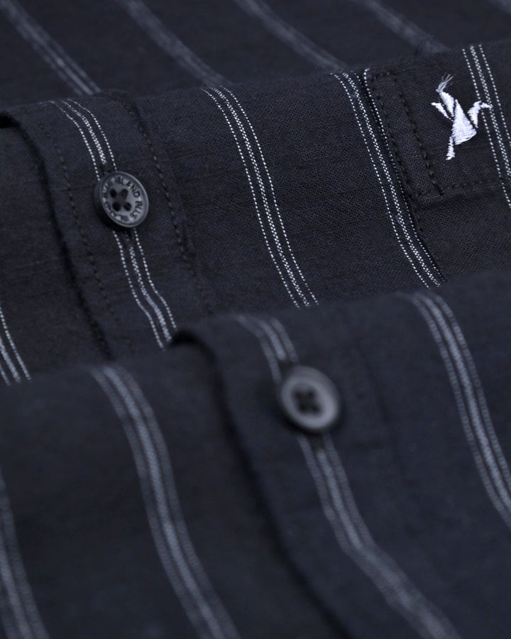 Black & White Triple Dotted Line Stripes -Full-Cotton Linen Shirt