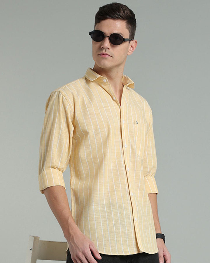 Bright Yellow & White Line Stripes -Full-Cotton Linen Shirt