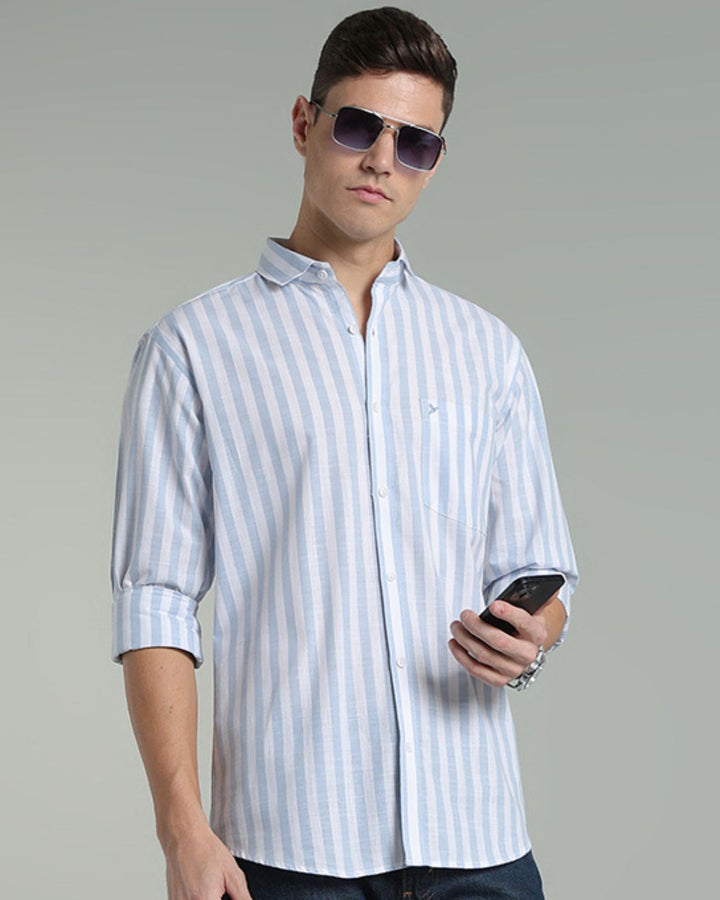 White & Blue Bold Stripes -Full-Cotton Linen Shirt