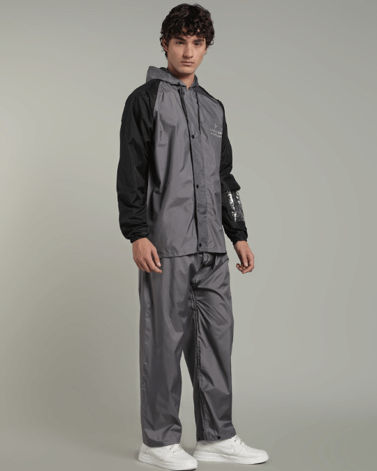 Grey with Black Sleeve - Rain Jacket with Pant & Mobile Pouch