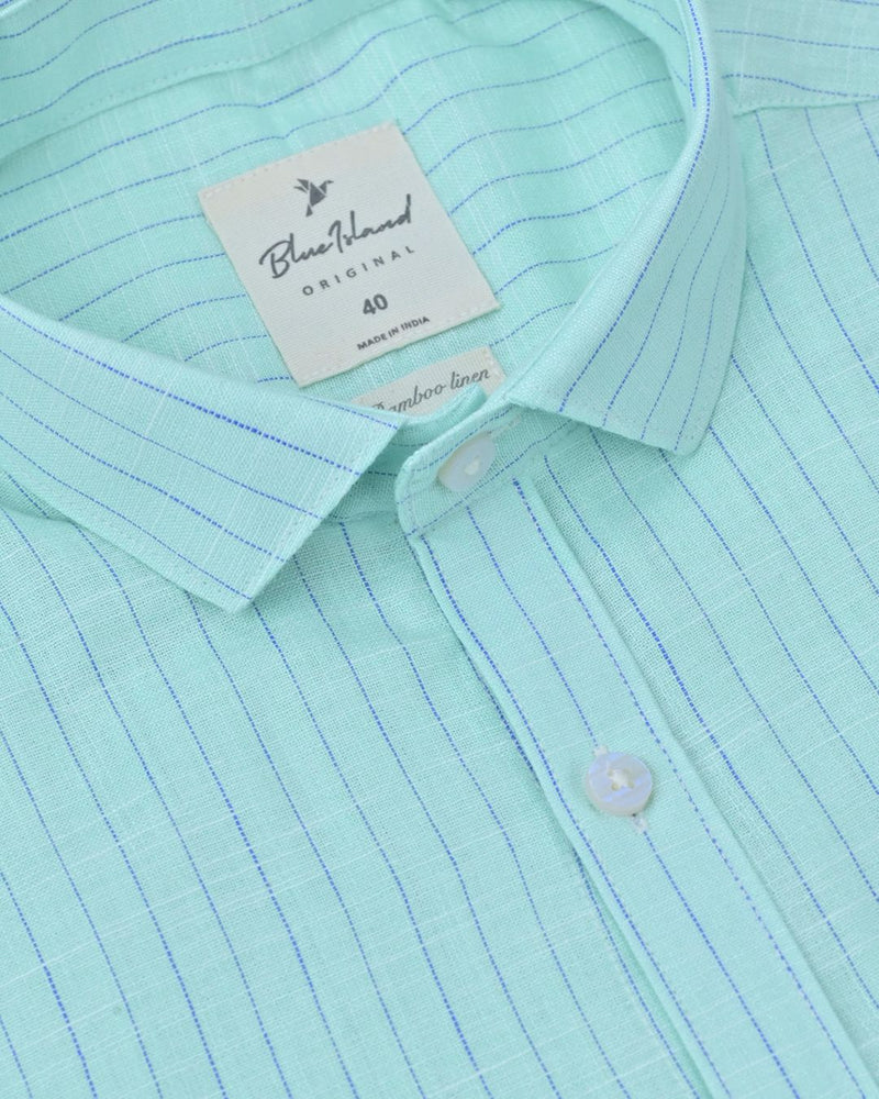 Pistah Green & Navy Dotted Line Stripes -Full-Bamboo Linen