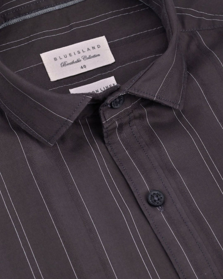 Dark Grey Twin Stripes -Full-Cotton Linen Shirt