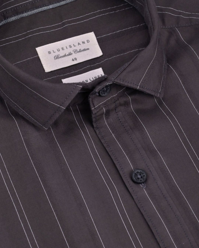 Dark Grey Twin Stripes -Full-Cotton Linen Shirt