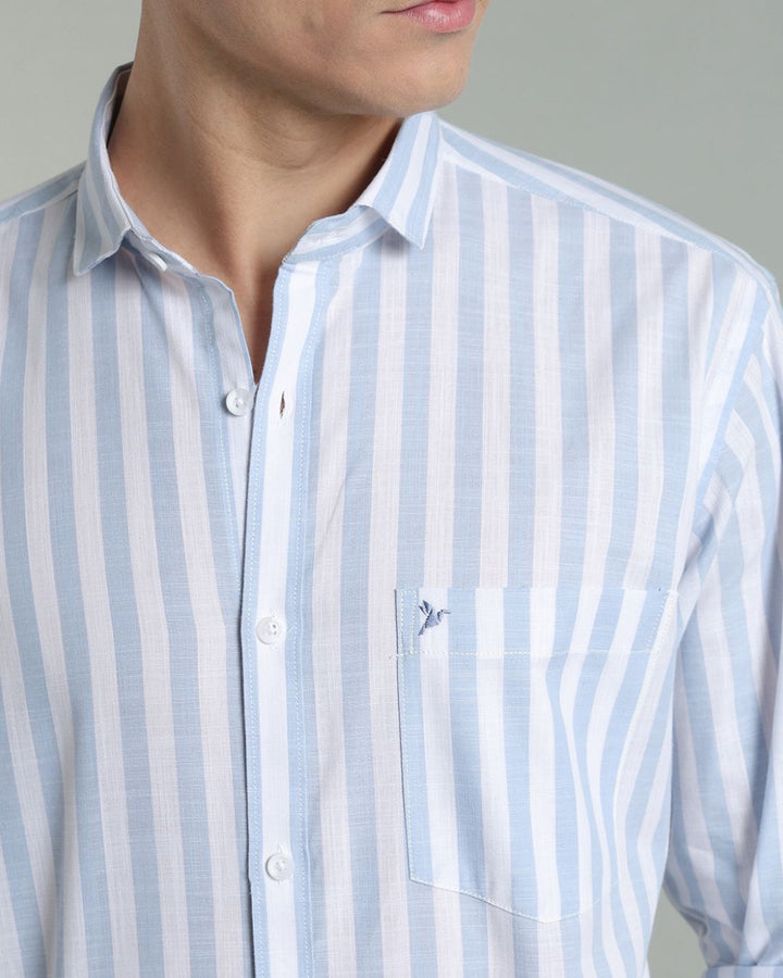 White & Blue Bold Stripes -Full-Cotton Linen Shirt