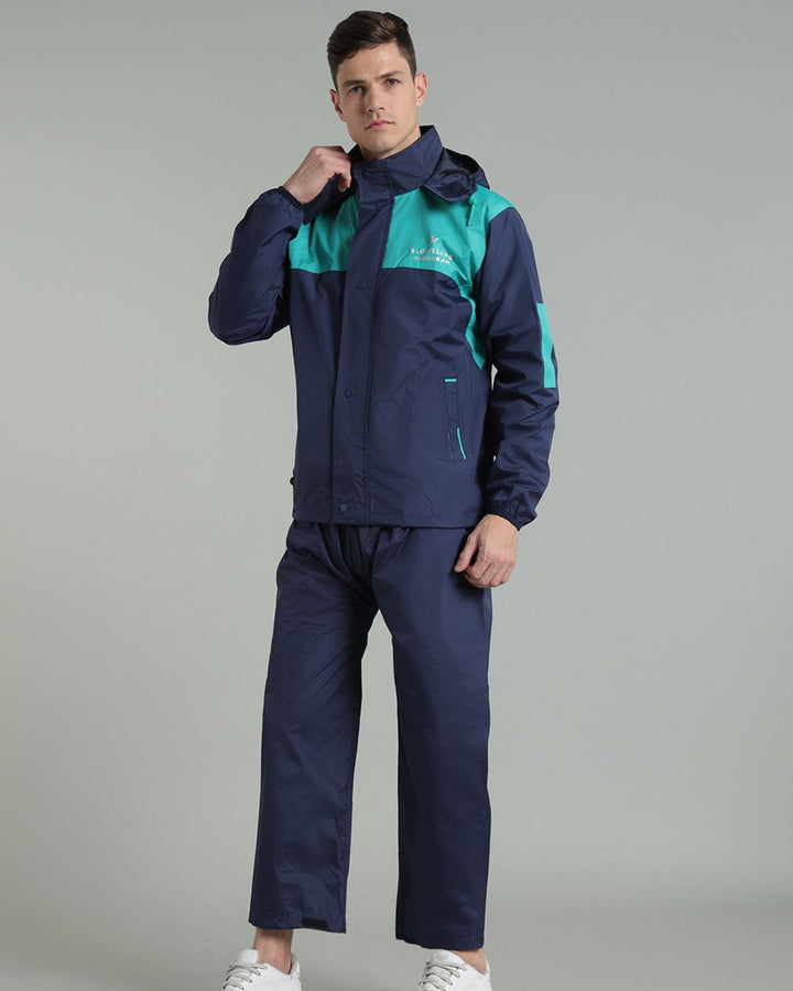 Navy with Teal Shoulder Panel - Rain Jacket with Pant