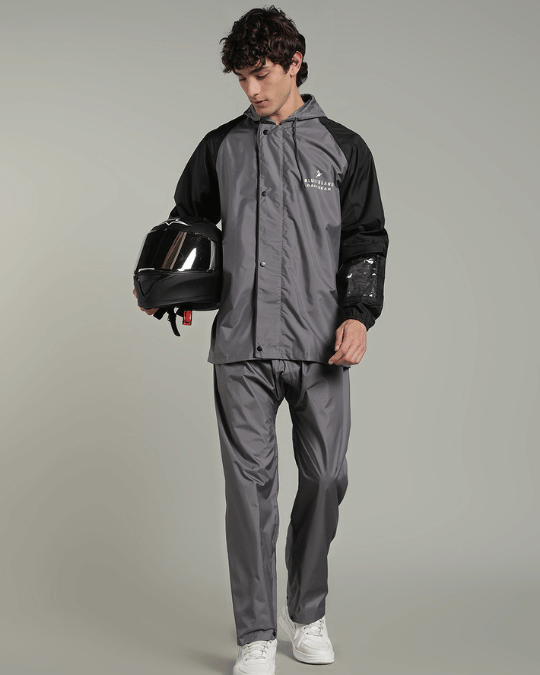 Grey with Black Sleeve - Rain Jacket with Pant & Mobile Pouch
