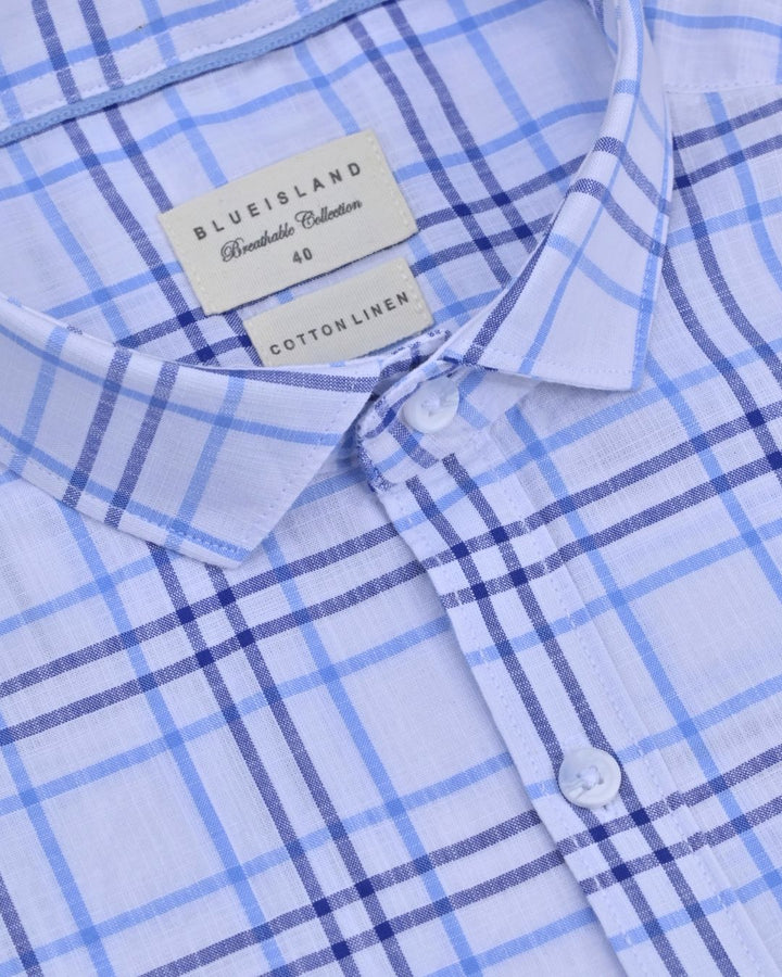 White & Navy Double Line Checks -Full-Cotton Linen Shirt