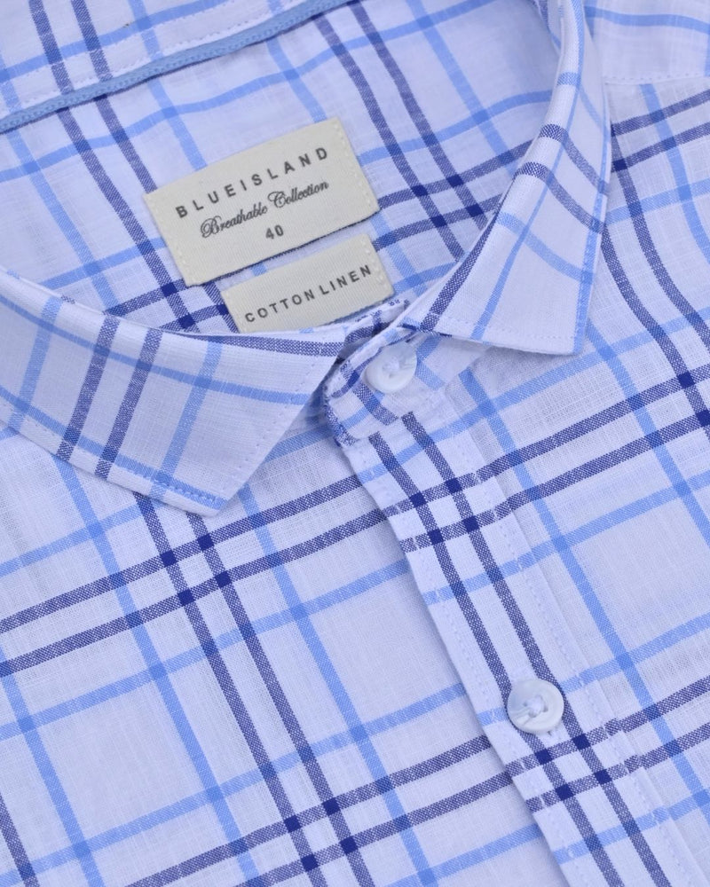 White & Navy Double Line Checks -Full-Cotton Linen Shirt