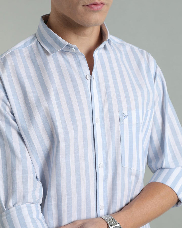 White & Blue Bold Stripes -Full-Cotton Linen Shirt