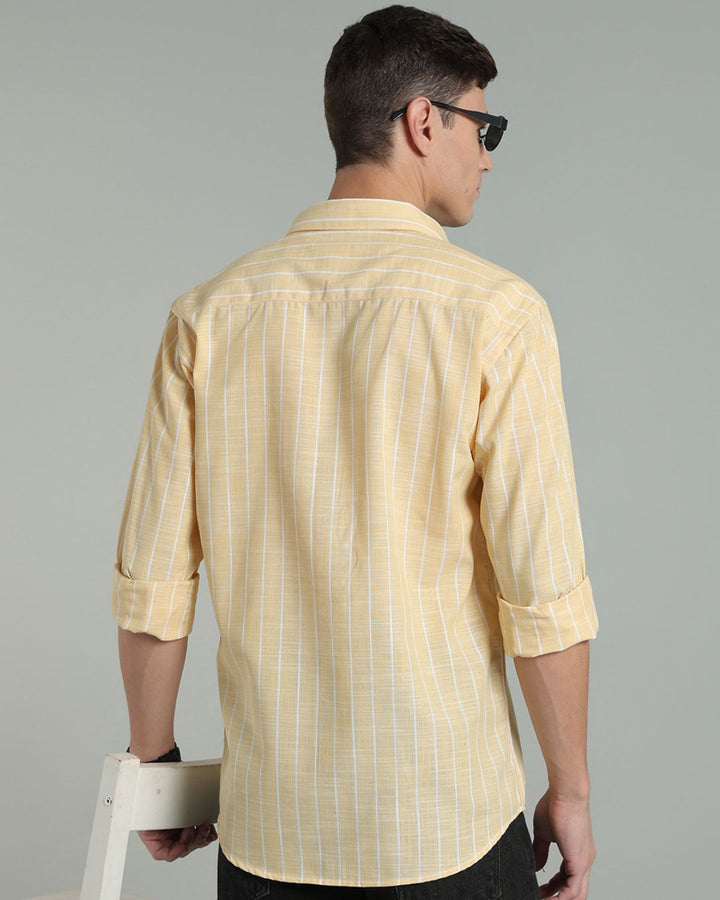 Bright Yellow & White Line Stripes -Full-Cotton Linen Shirt
