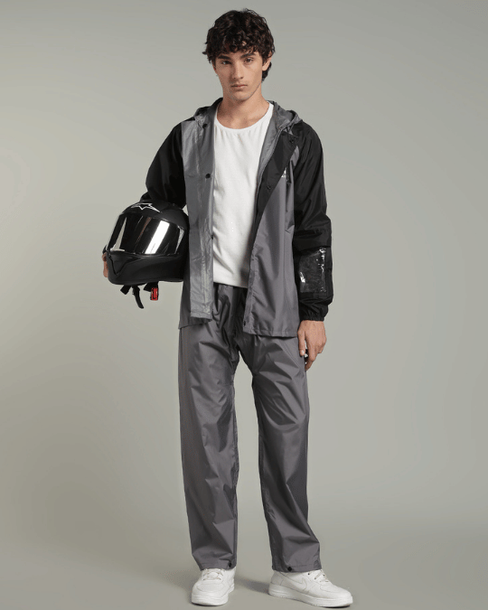 Grey with Black Sleeve - Rain Jacket with Pant & Mobile Pouch