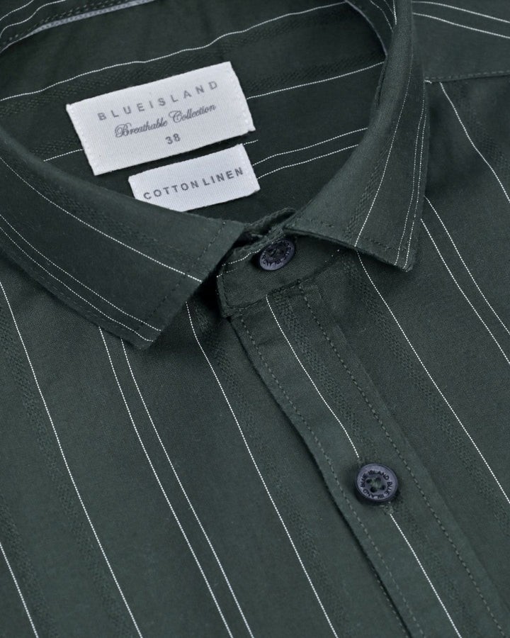 Green Twin Stripes -Full-Cotton Linen Shirt