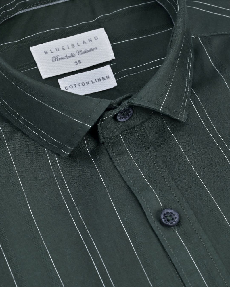 Green Twin Stripes -Full-Cotton Linen Shirt