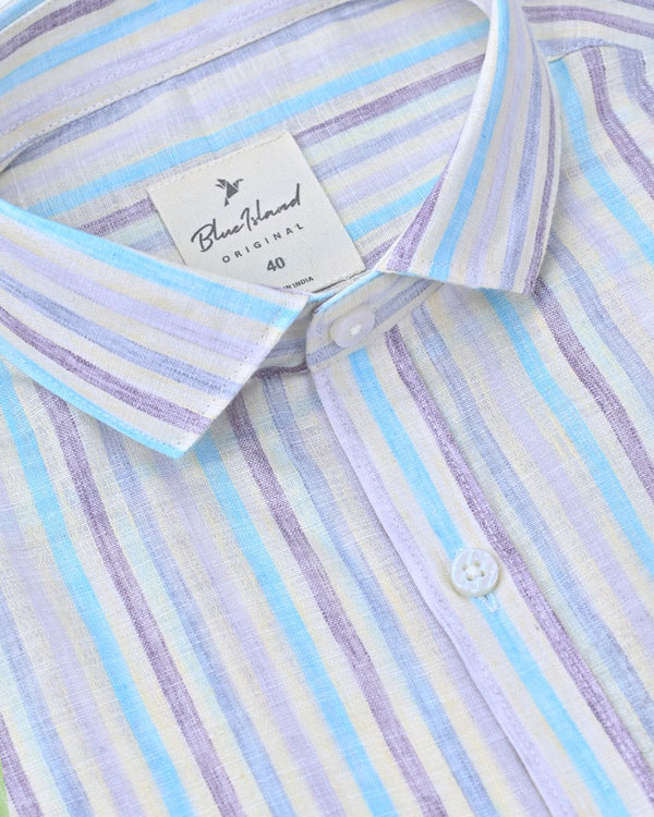 Creamy & Blue Multiline Stripes -Full-Bamboo Linen