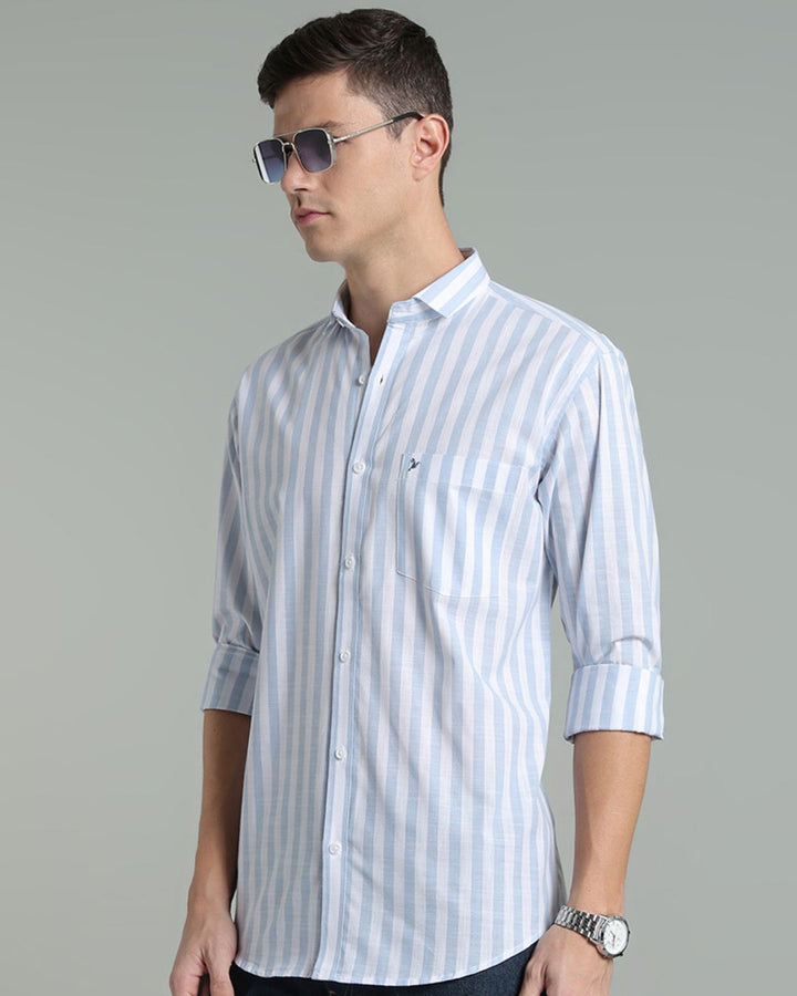 White & Blue Bold Stripes -Full-Cotton Linen Shirt
