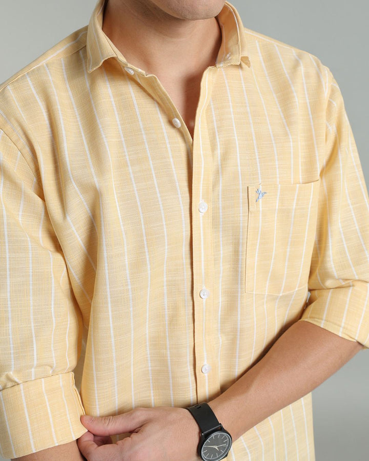 Bright Yellow & White Line Stripes -Full-Cotton Linen Shirt