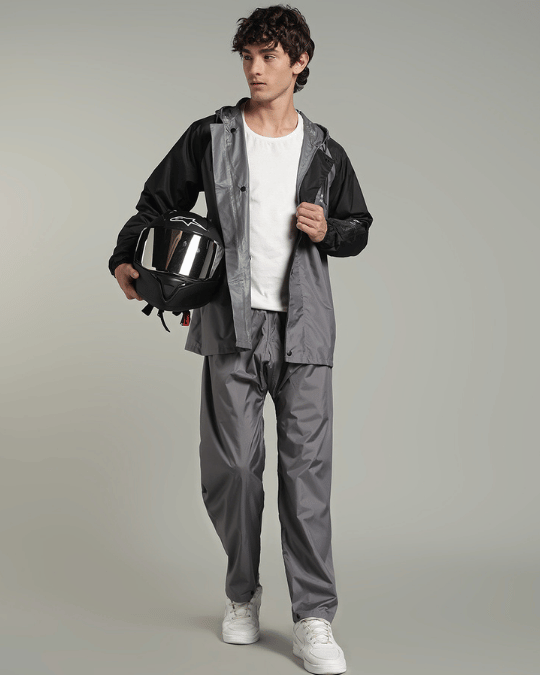Grey with Black Sleeve - Rain Jacket with Pant & Mobile Pouch