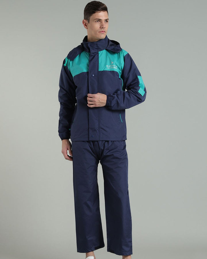 Navy with Teal Shoulder Panel - Rain Jacket with Pant