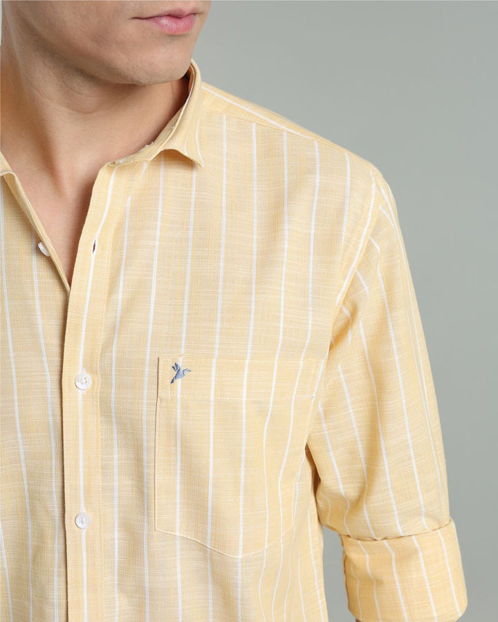 Bright Yellow & White Line Stripes -Full-Cotton Linen Shirt
