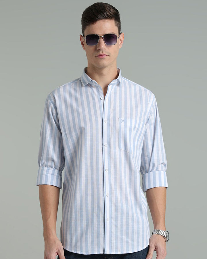White & Blue Bold Stripes -Full-Cotton Linen Shirt