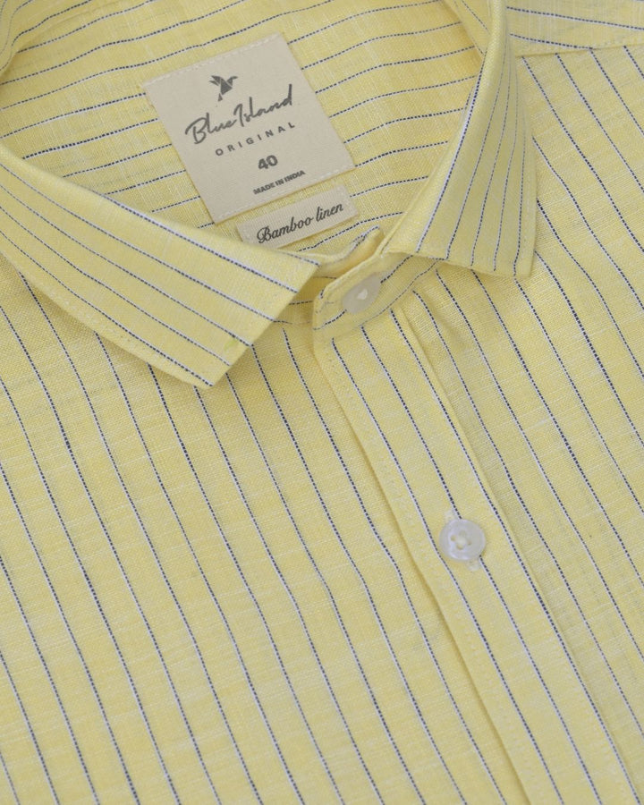 Yellow & Navy Dotted Line Stripes -Full-Bamboo Linen