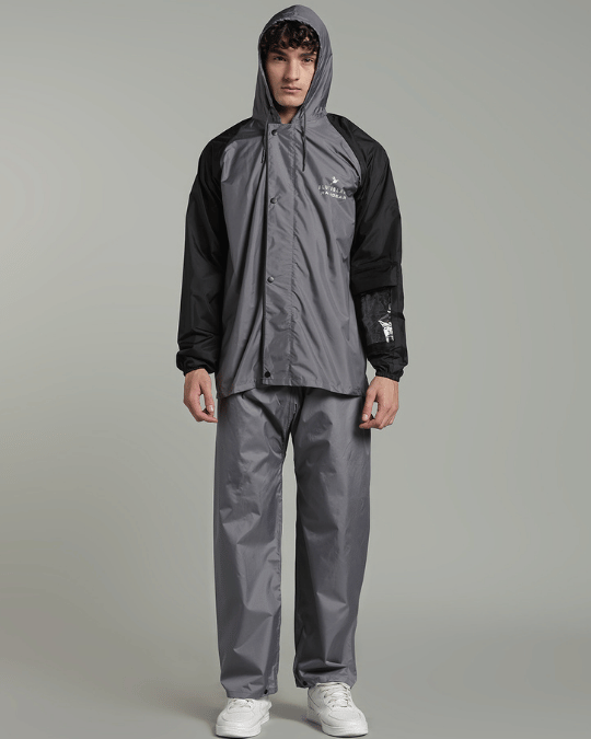 Grey with Black Sleeve - Rain Jacket with Pant & Mobile Pouch