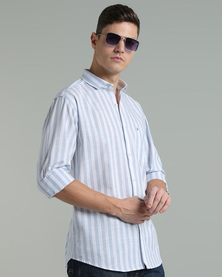 White & Blue Bold Stripes -Full-Cotton Linen Shirt